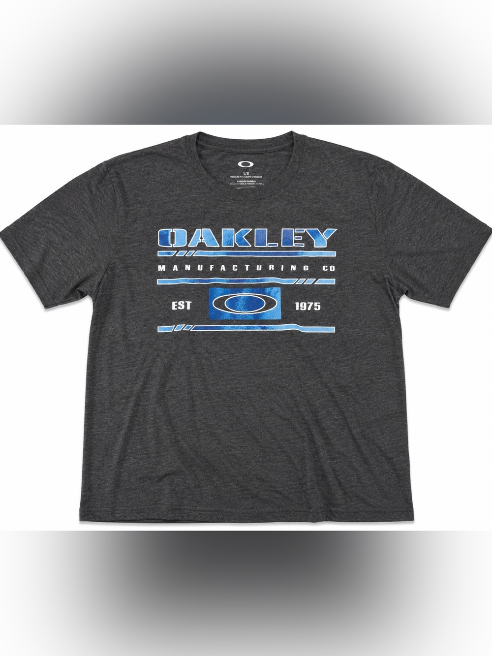 Oakley Manufacturing Co Est 1975 Mens Large Graphic T-Shirt Gray Blue Buckle